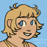 A small colored doodle of a pale character with freckles, blue eyes, and short blonde hair.