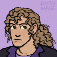 A small colored doodle of a tanned character with a mole under his left eye, curly brown hair pulled mostly back in a low ponytail, and a black suit jacket with purple lapels.