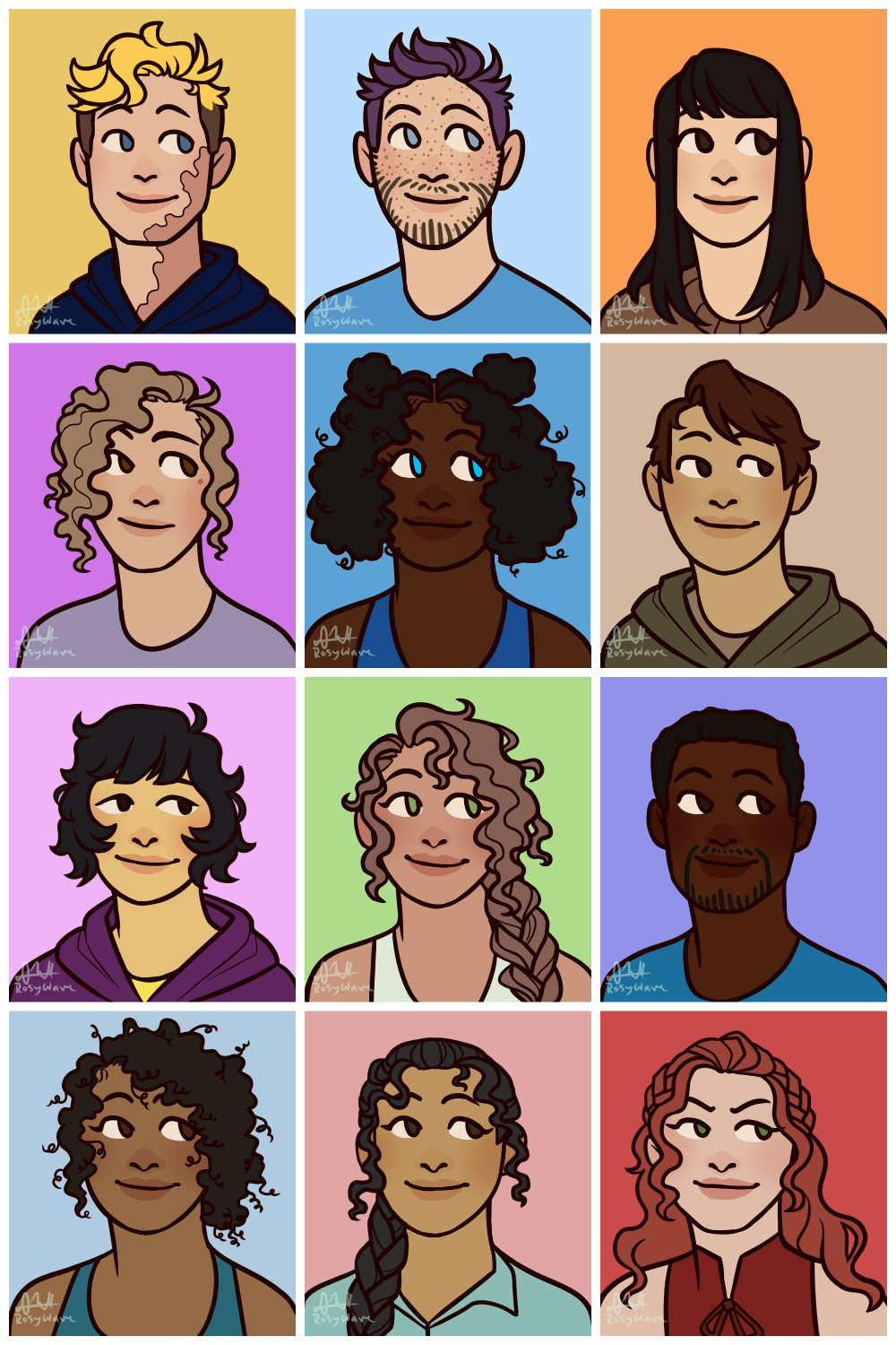 A set of twelve simple character portraits in a 3x4 grid.