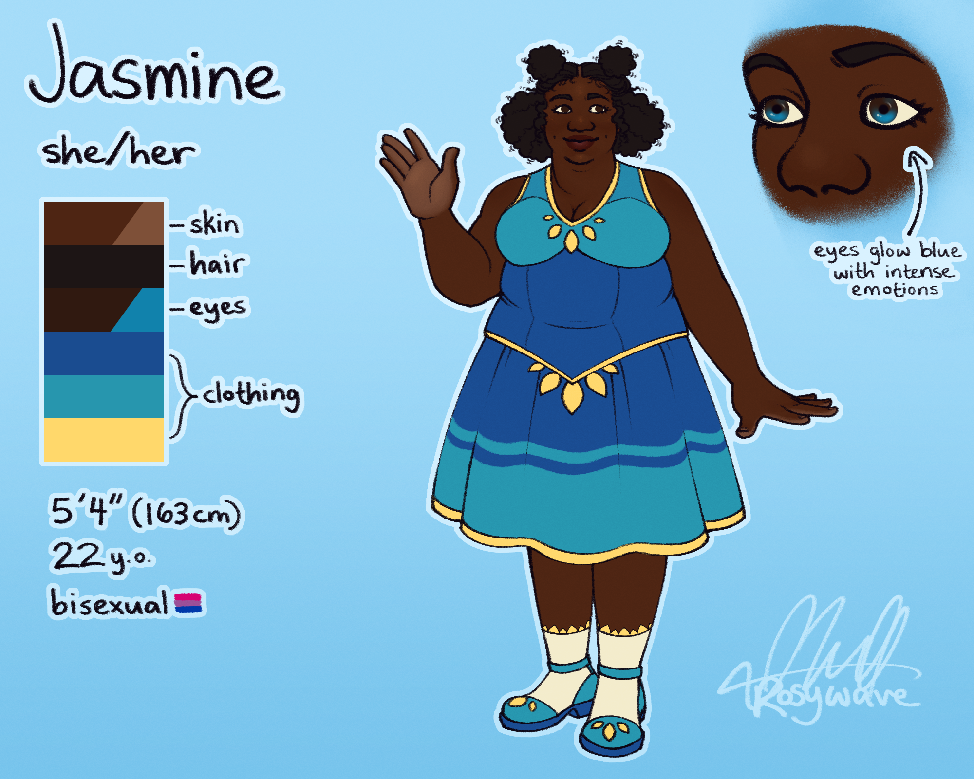 A reference sheet that contains a name, color swatches, basic info, one (1) fullbody ref, and one (1) extra detail ref