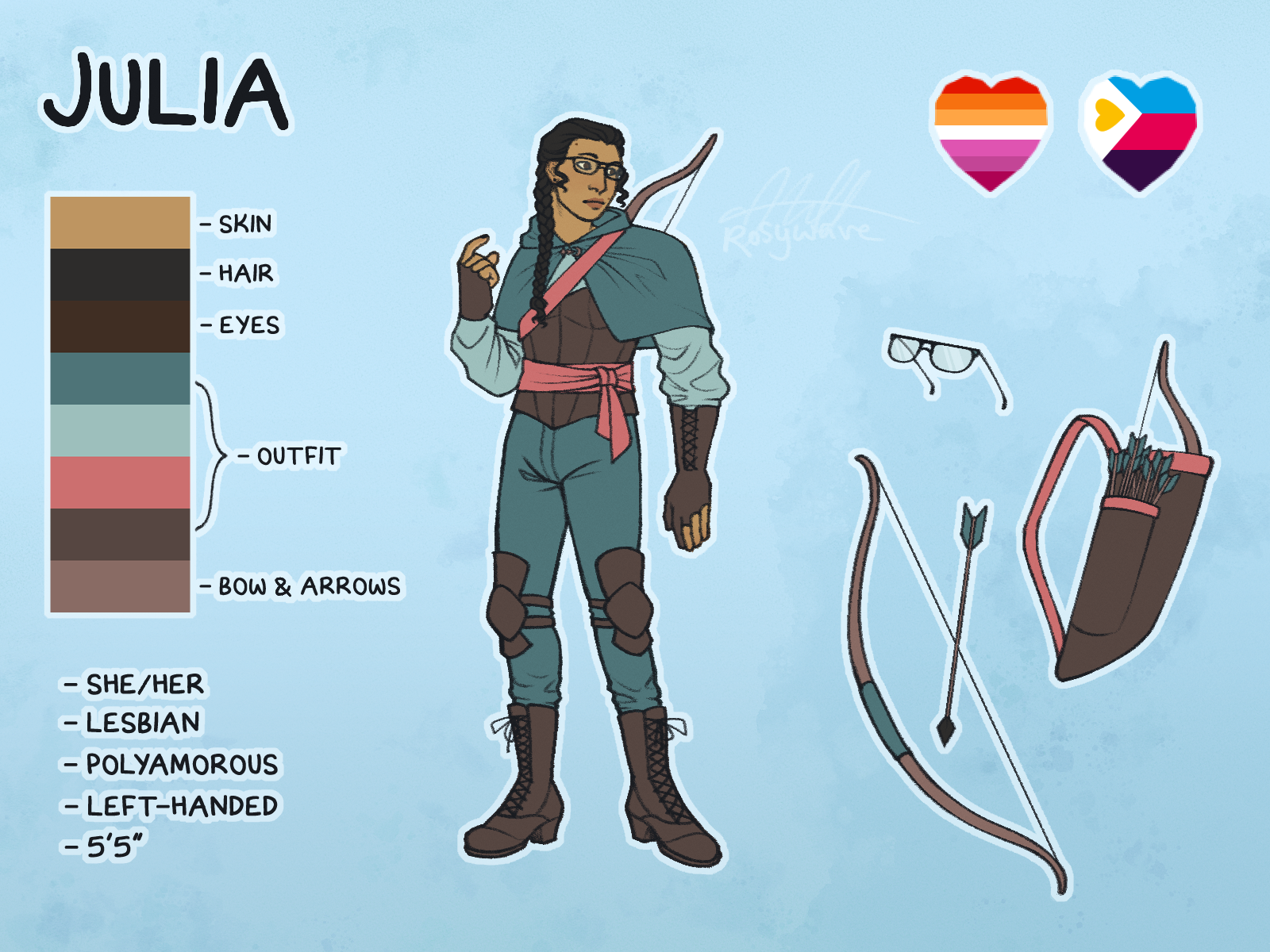 A reference sheet of a character named Julia. She has a dull turquoise outfit with brown and pink accents, long black hair in a braid thrown over her shoulder, aviator style glasses, and a quiver/bow case strapped to her back. There are additional references for her glasses, her bow case, and her bow.
