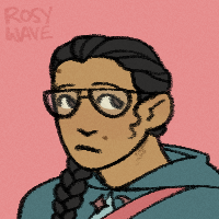 A small colored doodle of a character with olive-toned skin, a couple of moles, brown eyes, aviator style glasses, and black hair in a long braid.