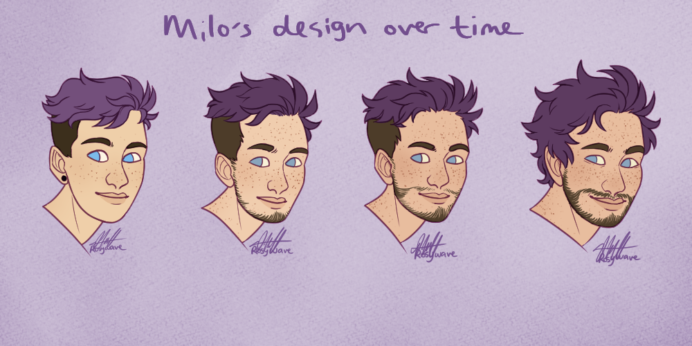 Four headshots of the same character with different character designs. The header text reads 'Milo's design over time.' The first drawing is of a white man with short purple hair and an undercut. His eyes are blue and his ears are pierced. He has minimal freckles. In the second drawing, his hair is the same, but his ears are no longer pierced, he has more freckles, and some facial hair. In the third drawing, his skin is slightly darker and he has more facial hair. In the fourth drawing, he no longer has an undercut and his beard is fuller. The background is light purple.