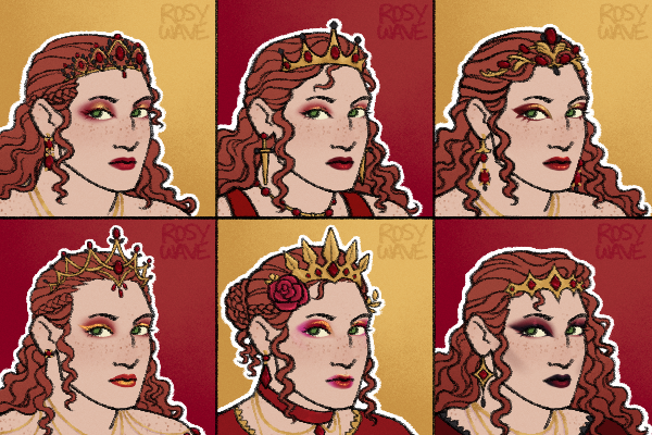 Six similar drawings in a grid of a character with red hair and green eyes wearing different red and gold makeup looks and jewelry combos.