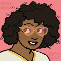 A small colored doodle of a character with medium deep skin, brown eyes, silly pink heart-shaped sunglasses, and an afro.