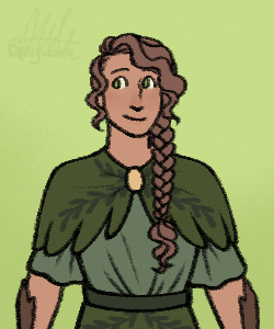 A small cartoony drawing of a character with long, brown braided hair and green plant-themed clothing.