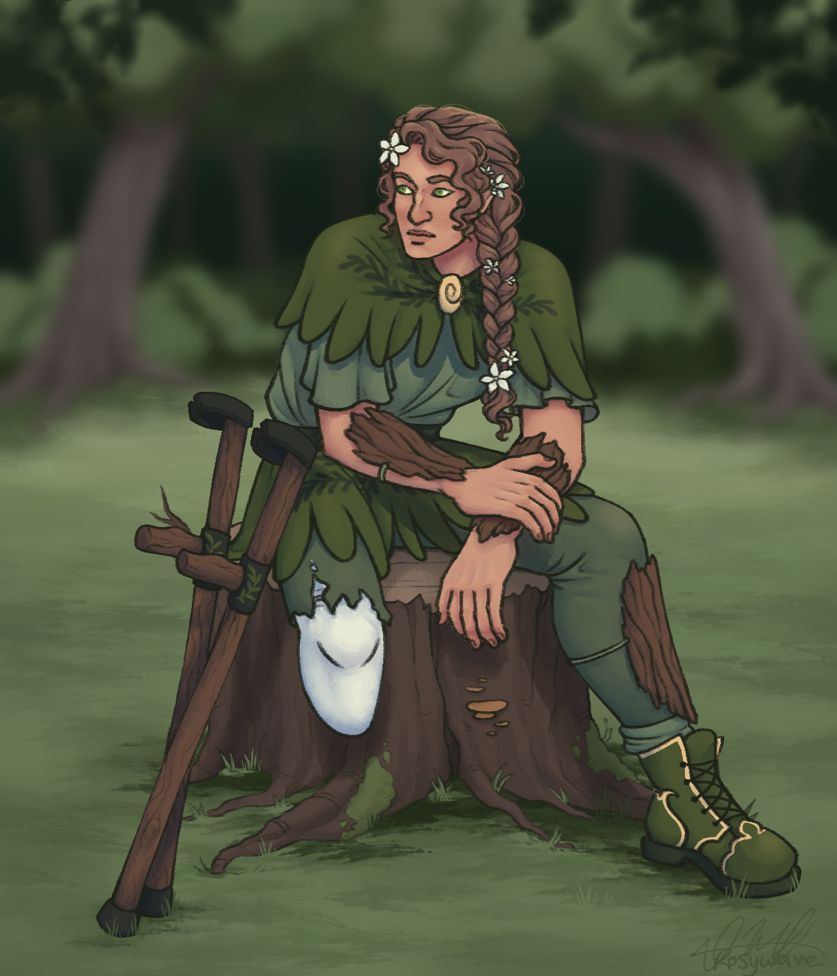A full illustration of a tanned character with long braided hair sitting on a tree stump. There are flowers in her hair. Her leg is amputated below the knee there are forearm crutches leaning against her.