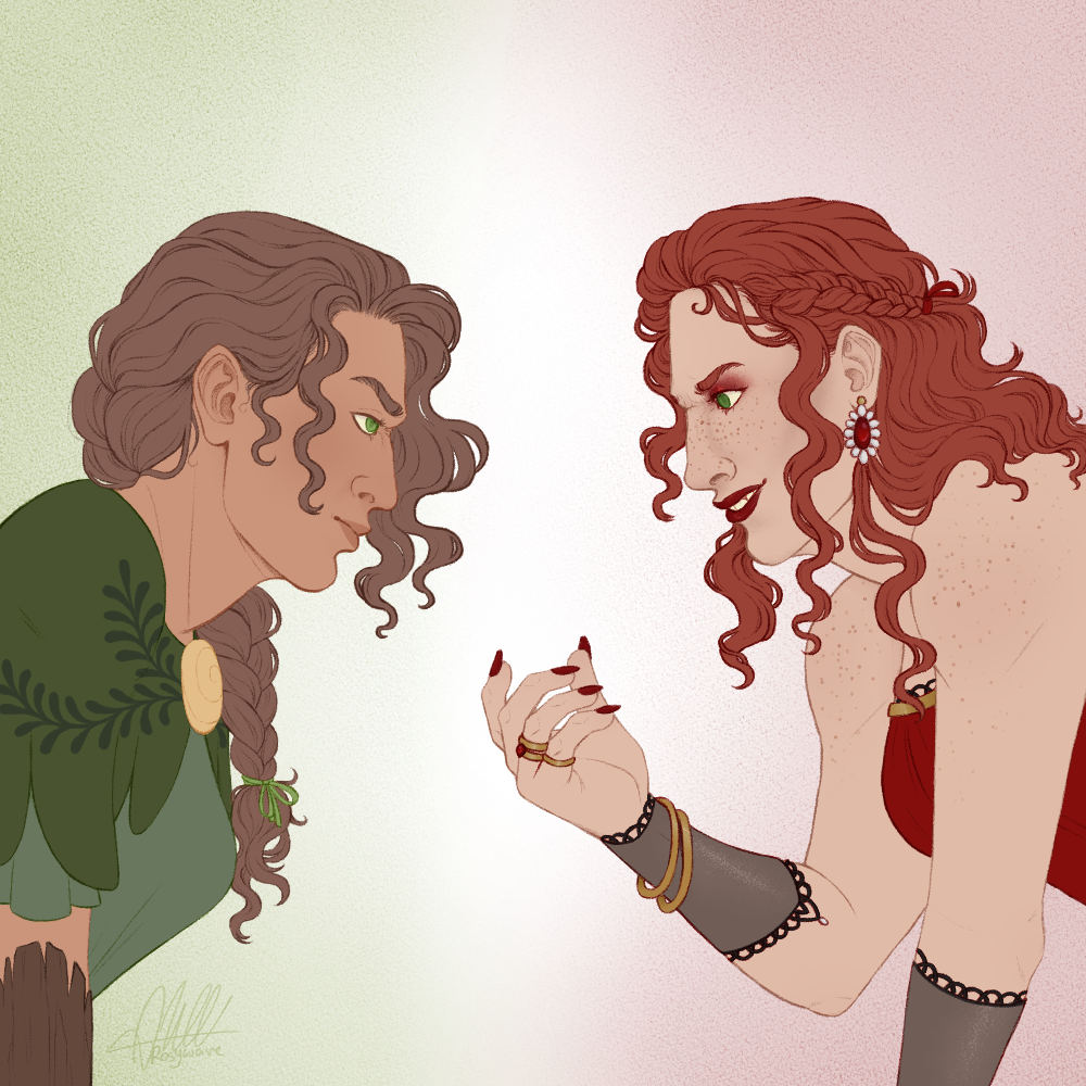 Two women facing each other. The one on the left is tanned with braided brown hair, green eyes, and a green scalloped cloak with a pale yellow fastener. The one on the right is pale with red hair, green eyes, and a red dress with gold jewelry and black mesh sleeveless gloves.