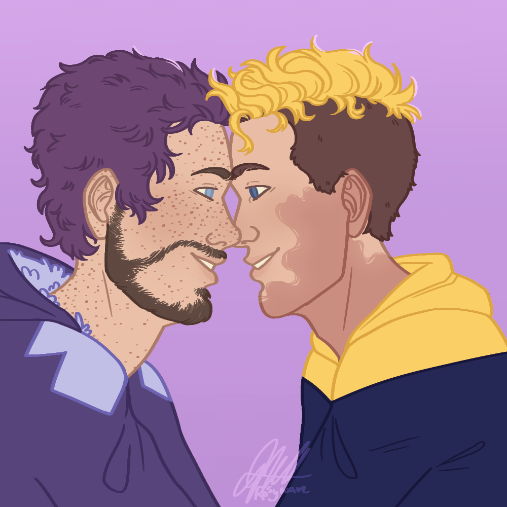 Two characters facing each other with their noses touching. The one on the left has short purple hair, freckles, and a beard. The one on the right has short yellow hair with an undercut and a stylized burn scar on his face. The background is a light pinkish-purple.