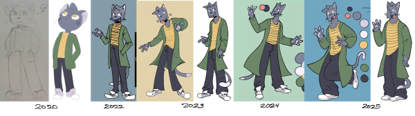 A series of drawings showcasing the evolution of Sam's design over the years.