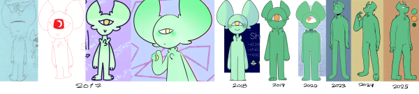 A series of drawings showcasing the evolution of Shiko's design over the years.