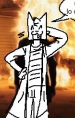 A doodle of sam standing in front of a burning house. He says 'ups ^_^ asi lo quiso diosito'.