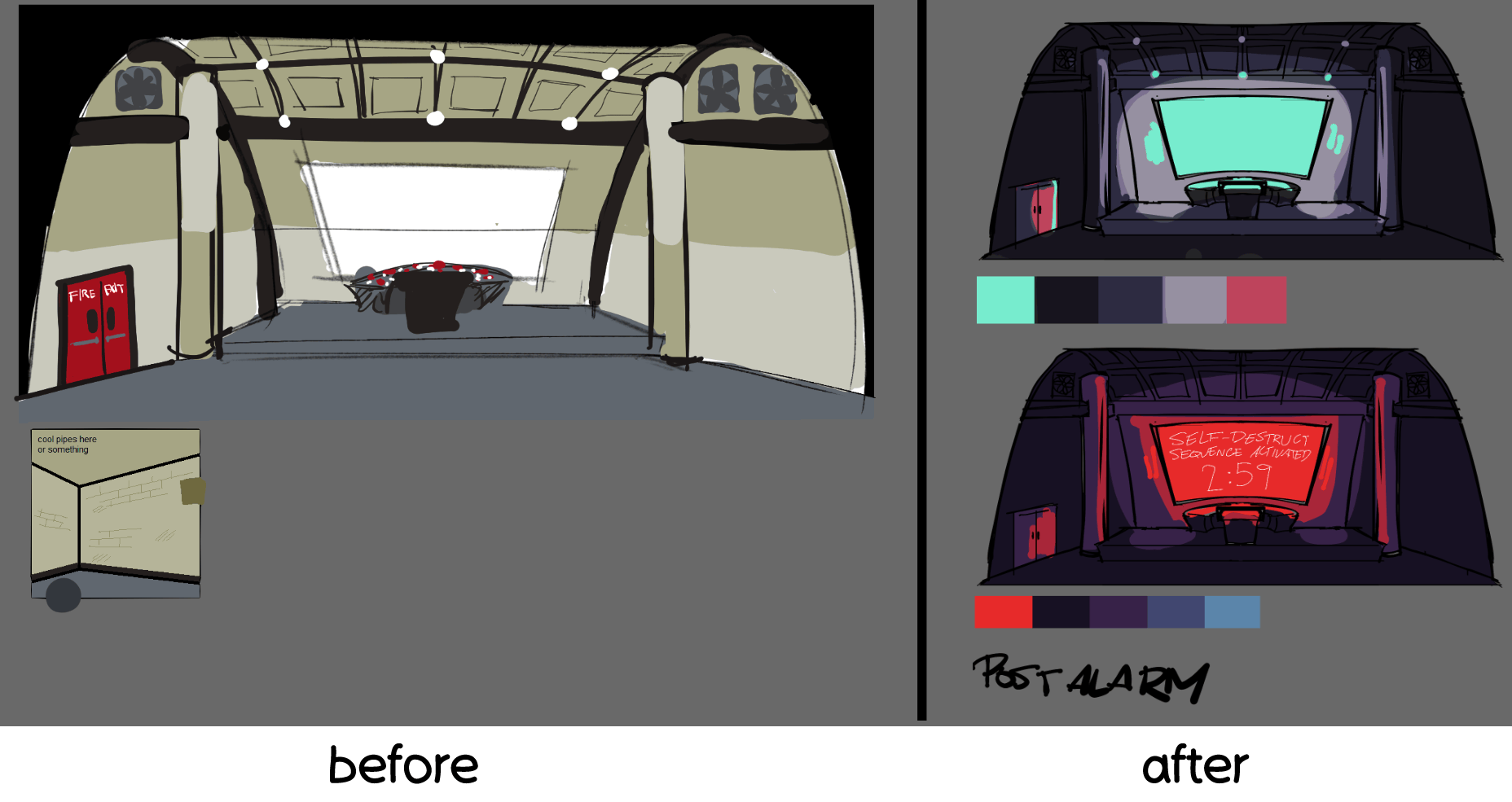 An image comparing the color palette for the final room. On the right is the original drawing of the location with a greyish-beige color scheme, while the right side has 2 versions, one neon cyan and dark purple and the other drowned in red and dark purple.