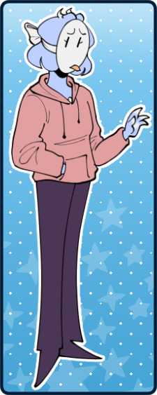 a fullbody illustration of diane, an anthropomorphic bluebird wearing a mask, pink hoodie and dark purple pants.