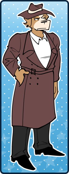 A fullbody illustration of Millie, an anthropomorphic orange dog wearing a fedora and trench coat.