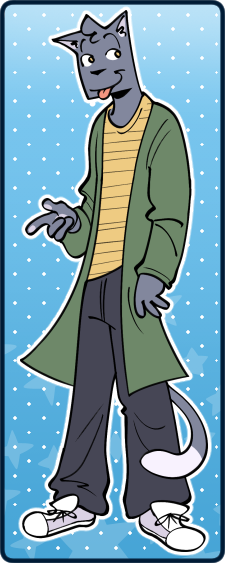 A fullbody illustration of Sam, an anthropomorphic blueish cat wearing a yellow striped shirt, green jacket and dark blue pants. He is looking to the side sticking his tongue out.