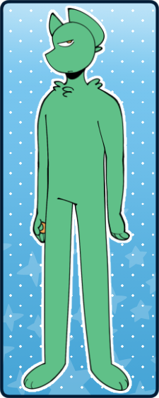 A fullybody illustration of Shiko, a green one-eyed alien. He is staring at the camera with no expression.