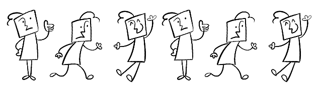 A repeating series of drawings of my persona, a pure white doodle-like figure with a square head. The first drawing is me gesturing a thumbs up, the second drawing is me running to the right, and the last drawing is me joyfully throwing my hands in the air.