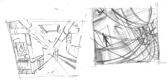 2 roughly drawn backgrounds of the mice government building, drawn on paper. The first one depicts a long hallway with big pipes running along it. The second drawing shows a room filled with wires and a small dark figure standing in front of a doorway.