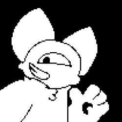 A black-and-white pixel art of Shiko. He is smilling and waving at the camera.