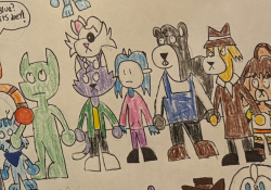 A colored pencil drawing the entire Mystery Eclipse cast, looking at the top left part of the screen with neutral or surprised expressions.