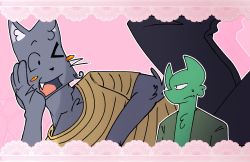 A digital illustration showing Sam without his jacket lying on the ground with his hand on his cheek. He's looking towards the right with a big jolly smile on his face. In the foreground is a smaller drawing of Shiko who's wearing Sam's jacket. The background is pink and lined with lace.