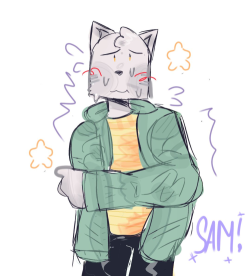 A drawing of Sam holding his arm in a shy manner. He looks nervous.