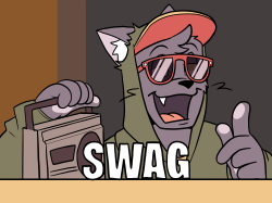 A drawing of Sam smugly doing a thumbs up towards the viewer. He's wearing sunglasses, and has his hoodie over a cap. There is drawn-in text reading 'SWAG' and he is holding a radio.