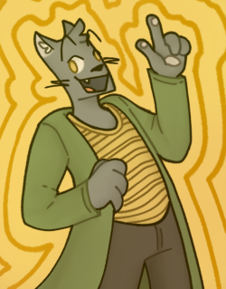 A halfbody illustration of Sam. He's pointing his finger upwards and smiling while looking at the viewer.