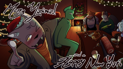 An illustration celebrating Christmas 2022. It depicts the 5 characters eating dinner and getting really, really drunk.