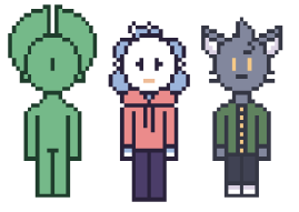 Pixel art of the main 3 characters.