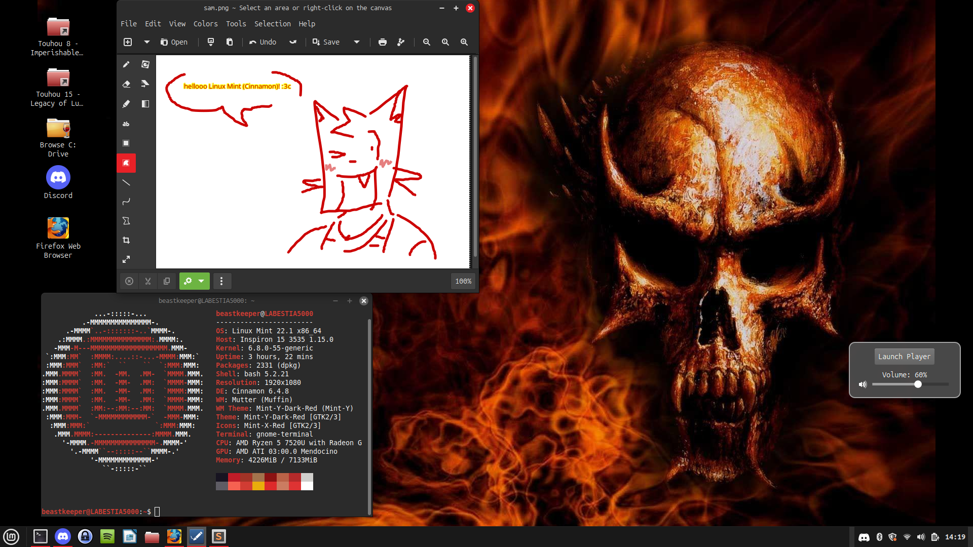 A screenshot of my desktop environment. The wallpaper is a demon-like skull surrounded by fire. There are 2 windows open: one is a terminal with the neofetch command, and the other is a drawing application. Inside it is a doodle of Sam, he looks at the camera and has a speech bubble with the text 'Hello Linux Mint Cinnamon!' inside it.