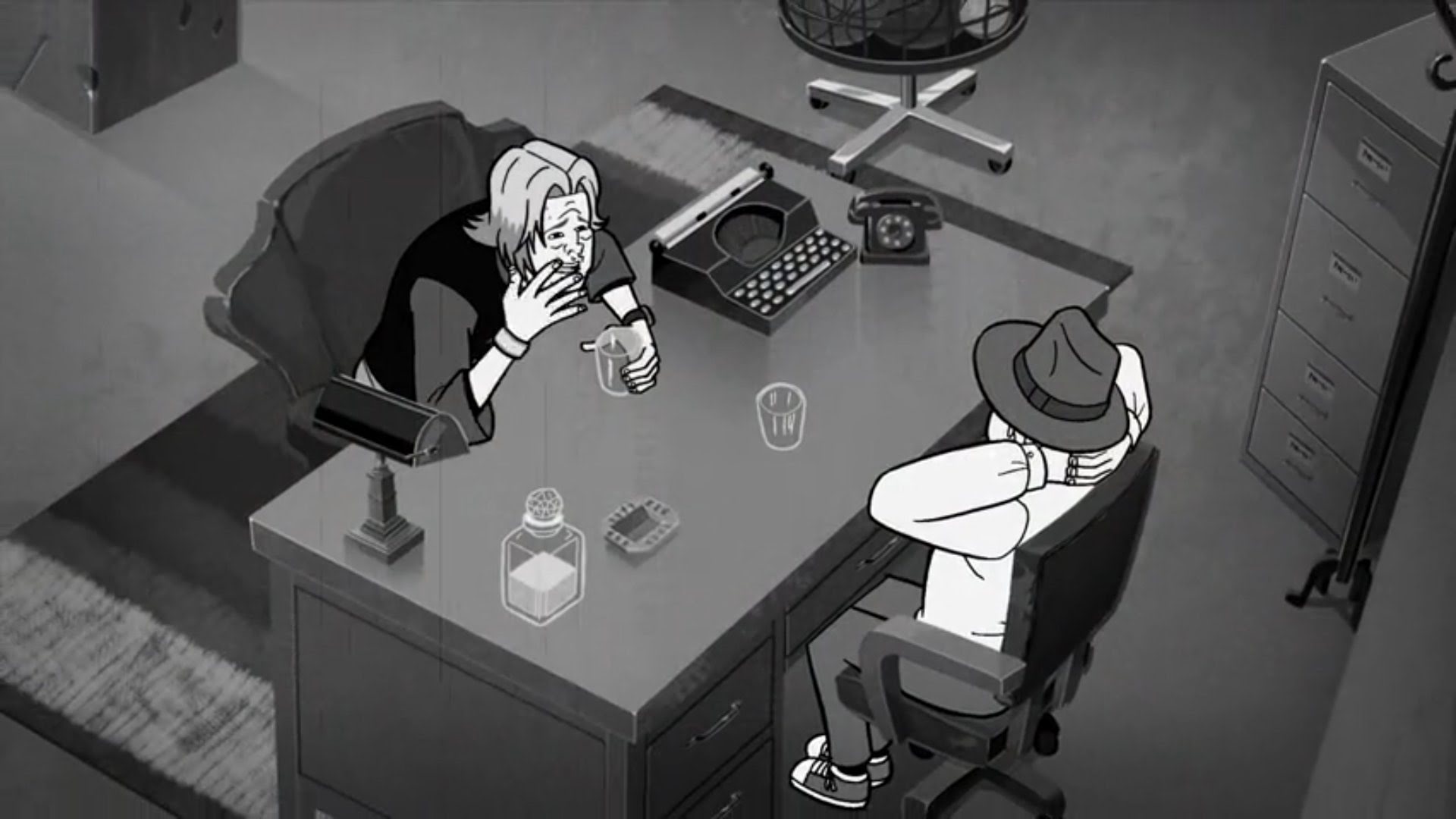 A screenshot from Venture Bros. Hank and his buddy sit at HankCo's very own Detective Agency desk, drinking apple juice.