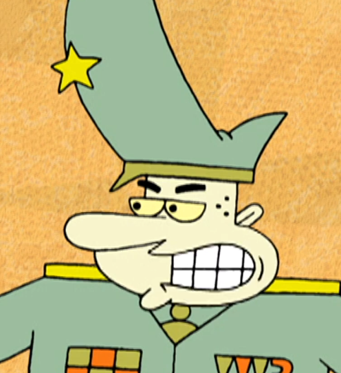 A square screenshot of General Specific looking to the left with his characteristic toothy frown.