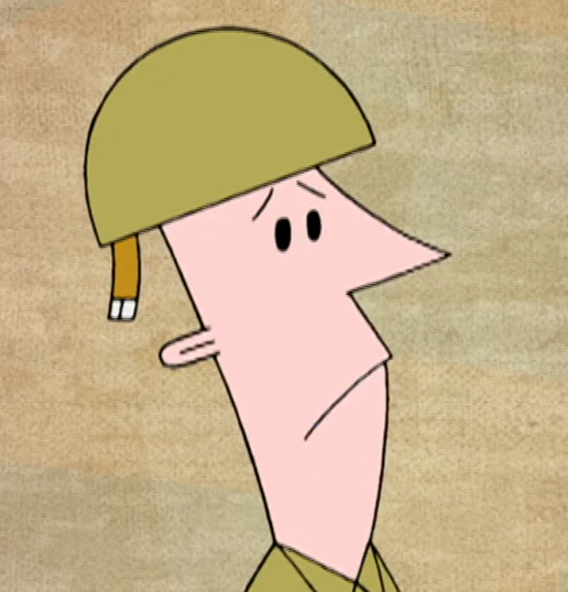 A square screenshot of Private Public looking worriedly towards the right.