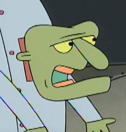 A square screenshot of the Angry Scientist. He has his arms raised and his mouth open mid-dialogue.