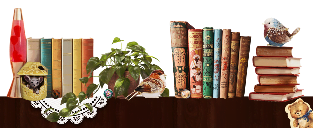 The top part of the bookshelf, filled with trinkets and knick-knacks.