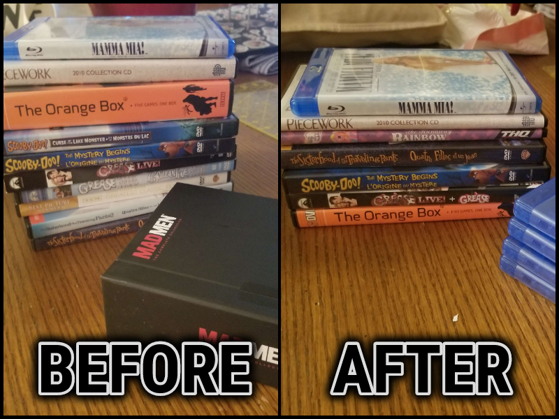 A before and after graphic that shows a stack of DVDs that becomes shorter