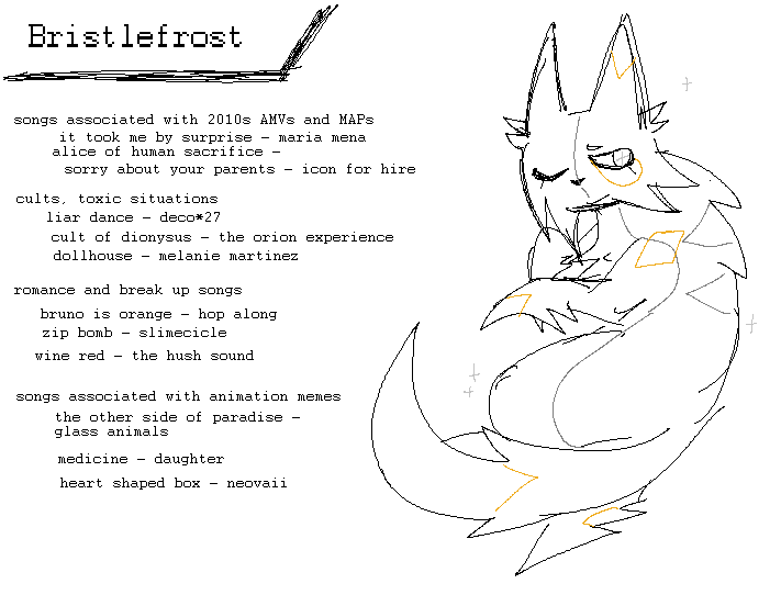 these next 7 are character song lists for a hypothetical mashup tourney i thought up at like 3 am. made up of solely 90% songs i personally listen to lol