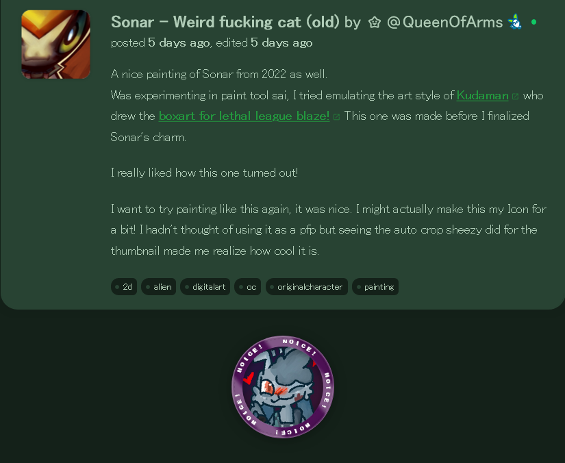 a screenshot of one of my art posts. It has the 'noice!' award.