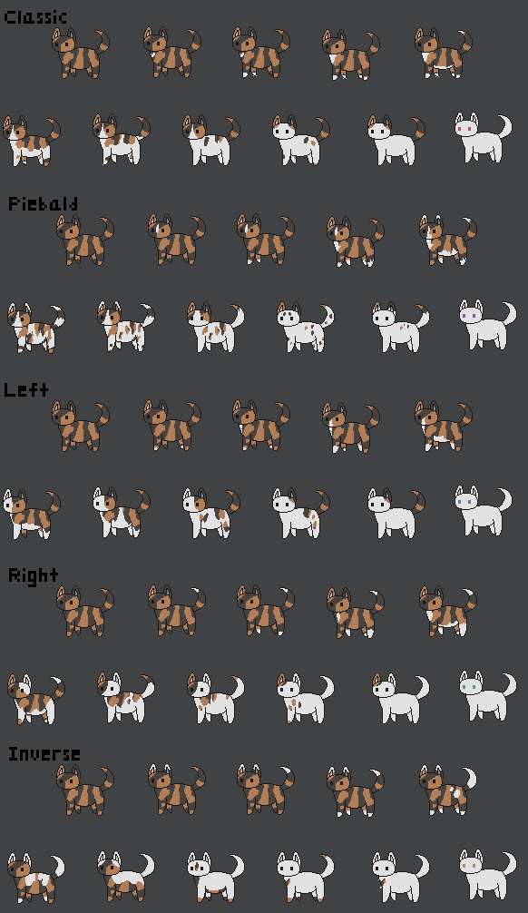 Set of 55 not-cats displaying each of the 11 white spots