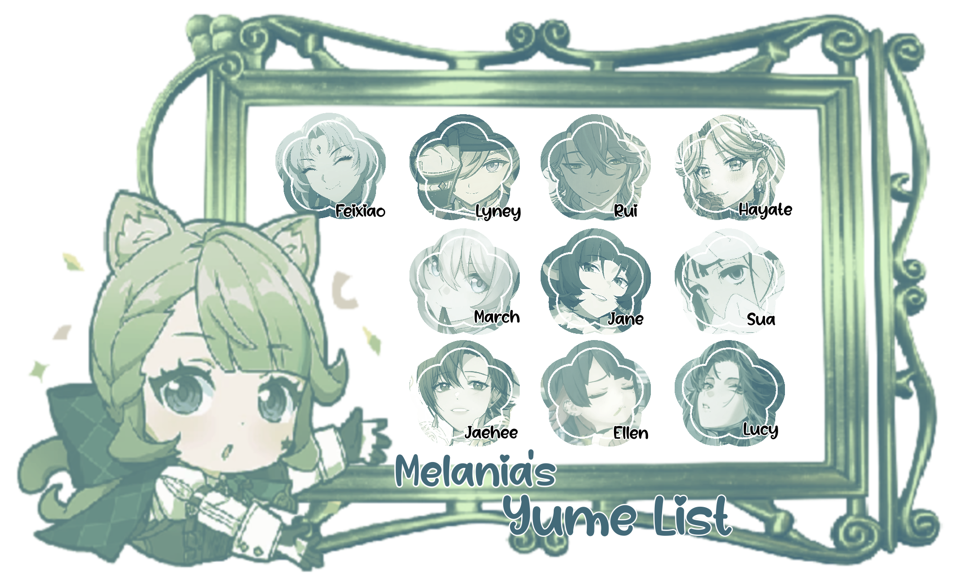 Melania's Yume List
In order: Feixiao, Lyney, Rui, Hayate, March, Jane, Sua, Jaehee, Ellen, Lucy