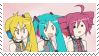 a deviantart stamp of a gif from the triple baka video. akita neru is texting on her phone, hatsune miku is punching her fist in the air, and kasane teto is singing
