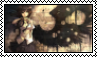 a deviantart stamp of an anime girl standing against a wall. she has long brown hair that's flying in the wind. she is wearing a white button down shirt with a blue tie that is untied around her neck and a short black skirt. on the wall behind her is one angel wing spraypainted in black