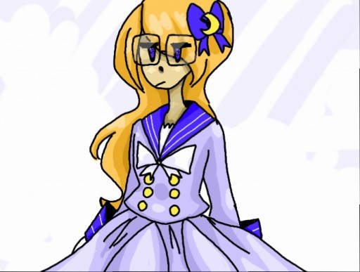 an illustration of a girl with orange hair and glasses wearing a purple seifuku