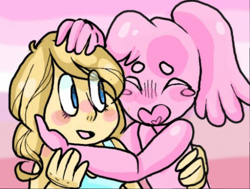 a drawing of a pink slime girl and a blonde human girl hugging