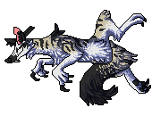  A black, cream, and lightbrown striped dog deer hybrid creature lays on side asleep with a content face with her leg up in the air. A long flowing black tipped striped tail is between her legs wrapping around her leg that she is laying on rather comfortably.  