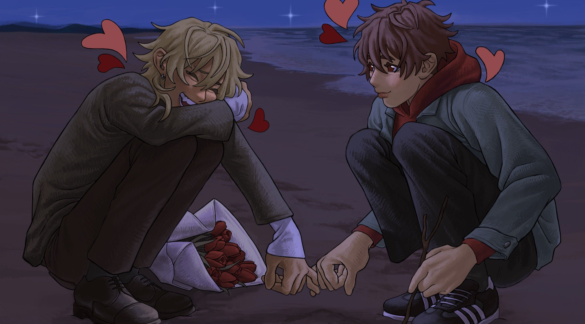 drawing of kaoru hakaze and chiaki Morisawa from ensemble stars. they are both on a beach at night. kaoru looks to be wearing a long sleeve brown shirt over a slight longer white shirt. chiaki is wearing a red hoodie and jeans with a jacket over his hoodie. they are both kneeling, kaoru has a bouquet of roses next to him. kaoru is linking his left pinkie with chiaki's right pinky, kaorus other arm is covering his face as he is flustered/laughing (?). chiaki is looking at him with a soft expression.