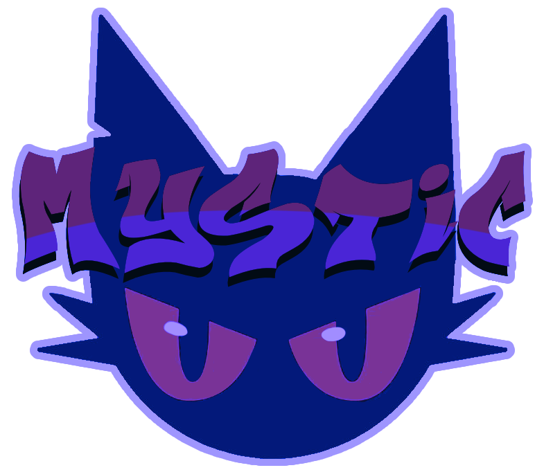 a simple drawing of a black cat with orange eyes, looking at the camera with the word mystic displayed on it’s head, edited to be my persona! original img is from the brand never content