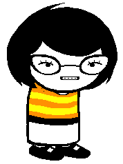 Sprite of a kid with short-medium black hair and cat eye glasses. She is wearing braces and a striped orange-yellow sweater.